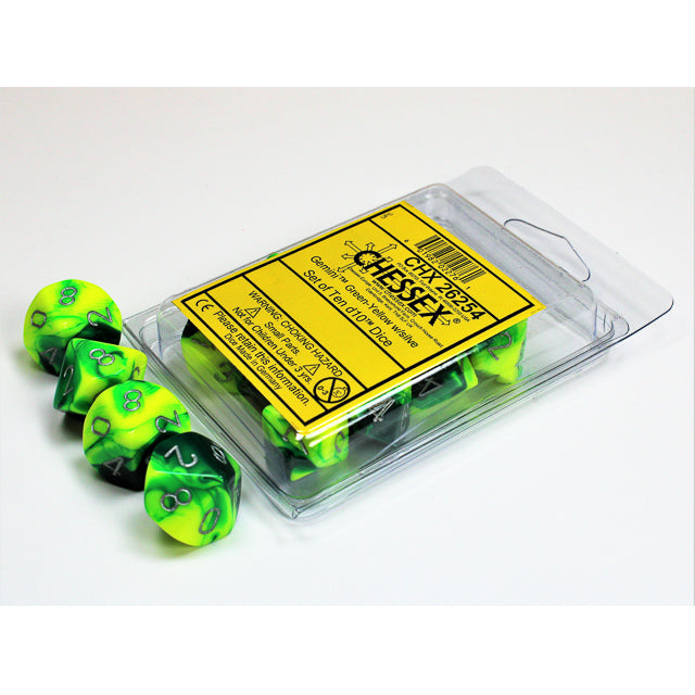 CHX 26254 Gemini Green-Yellow/silver Set of Ten d10s