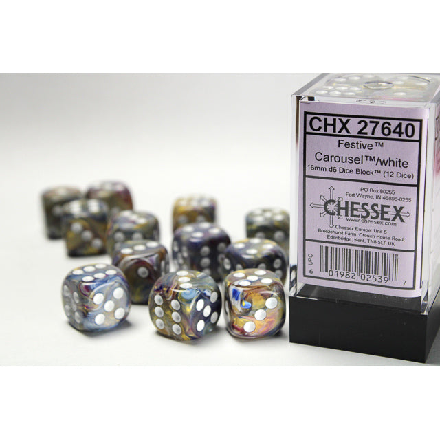 CHX 27640 Festive Carousel/white 16mm d6 Dice Block (12 dice)