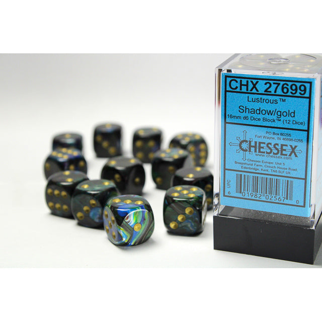 CHX 27699 Lustrous Shadow/gold 16mm d6 Dice Block (12 dice) - Gaming Accessory