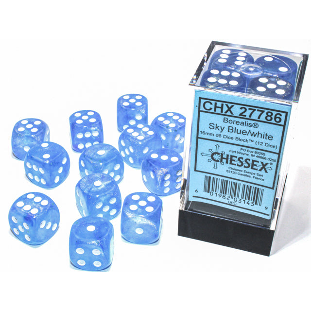 CHX 27786 Borealis Sky Blue/white Luminary 16mm d6 Dice Block (12 dice)