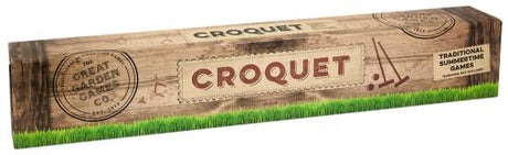 Professor Puzzle Croquet set with wooden mallets, balls, and hoops for family fun outdoors, suitable for ages 5 and up.