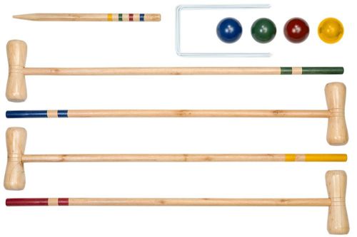 Professor Puzzle Croquet set featuring wooden mallets, vibrant balls, and wire hoops for timeless outdoor fun and friendly competition.