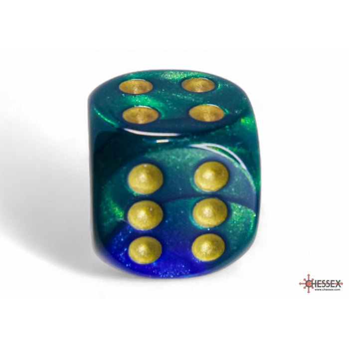 CHX 26636 Gemini Blue-Green/gold 16mm d6 Dice Block (12 dice)