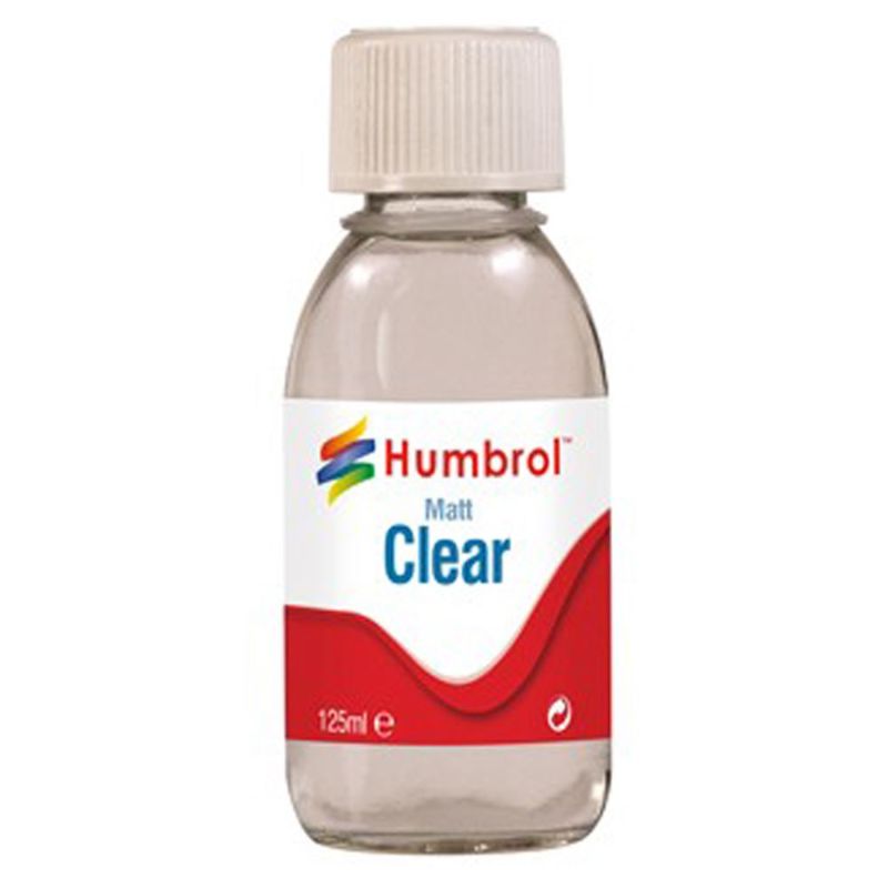 125ml bottle of Humbrol Clear Matt Varnish for non-reflective finishes on models and artwork, suitable for multiple surfaces.