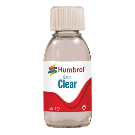 Clear Satin Varnish by Humbrol in a 125ml bottle, ideal for providing a glossy finish to painted models.