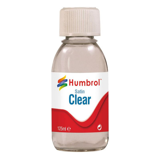 Clear Satin Varnish by Humbrol in a 125ml bottle, ideal for providing a glossy finish to painted models.