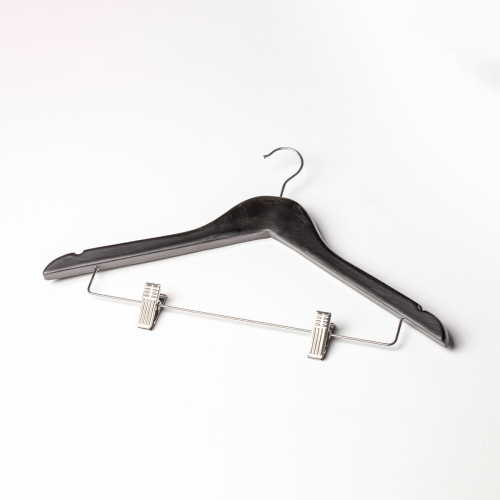 Coat Hanger with Skirt Clips - Wooden (Black)
