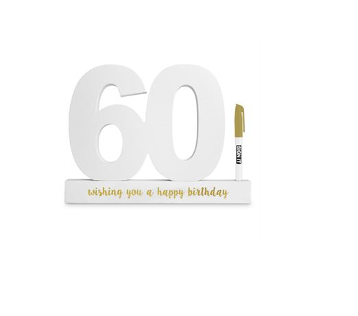 60th Birthday Sign - White with Gold Pen