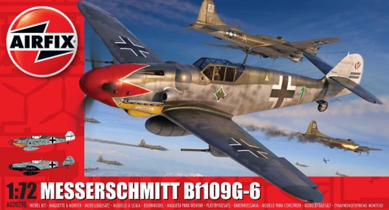 1:72 scale Airfix Messerschmitt Bf109G-6 model kit, featuring 41 pieces and two display schemes for WWII aviation enthusiasts.