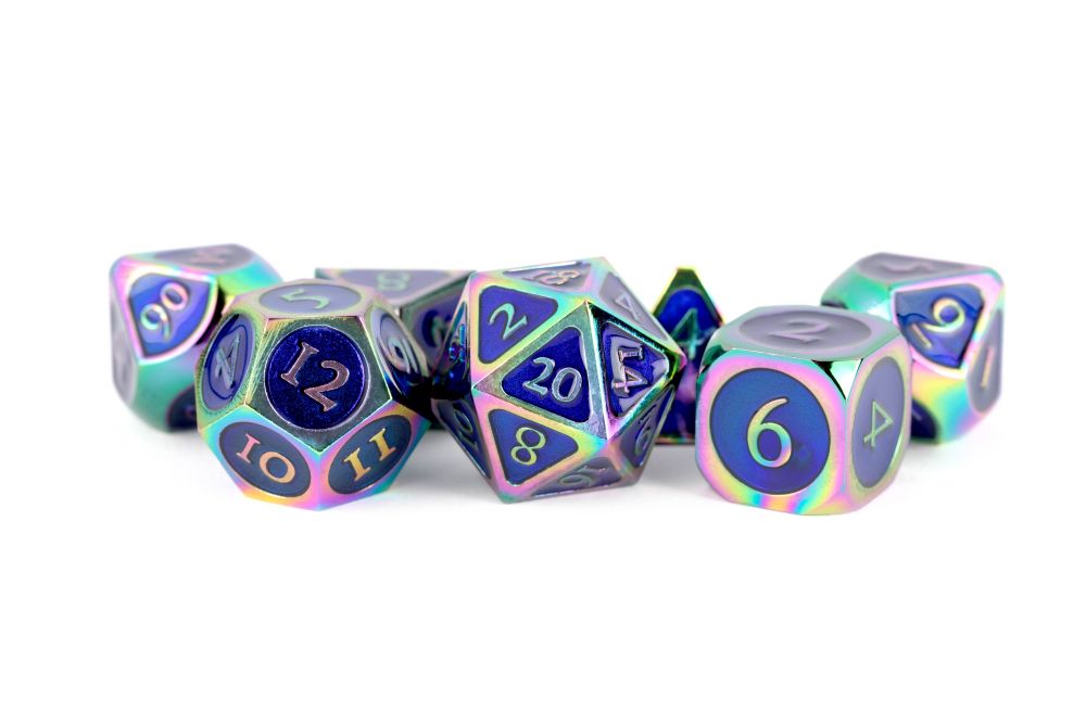 Fanroll: 16mm Metal Polyhedral Dice Set: Rainbow w/ Blue Enamel