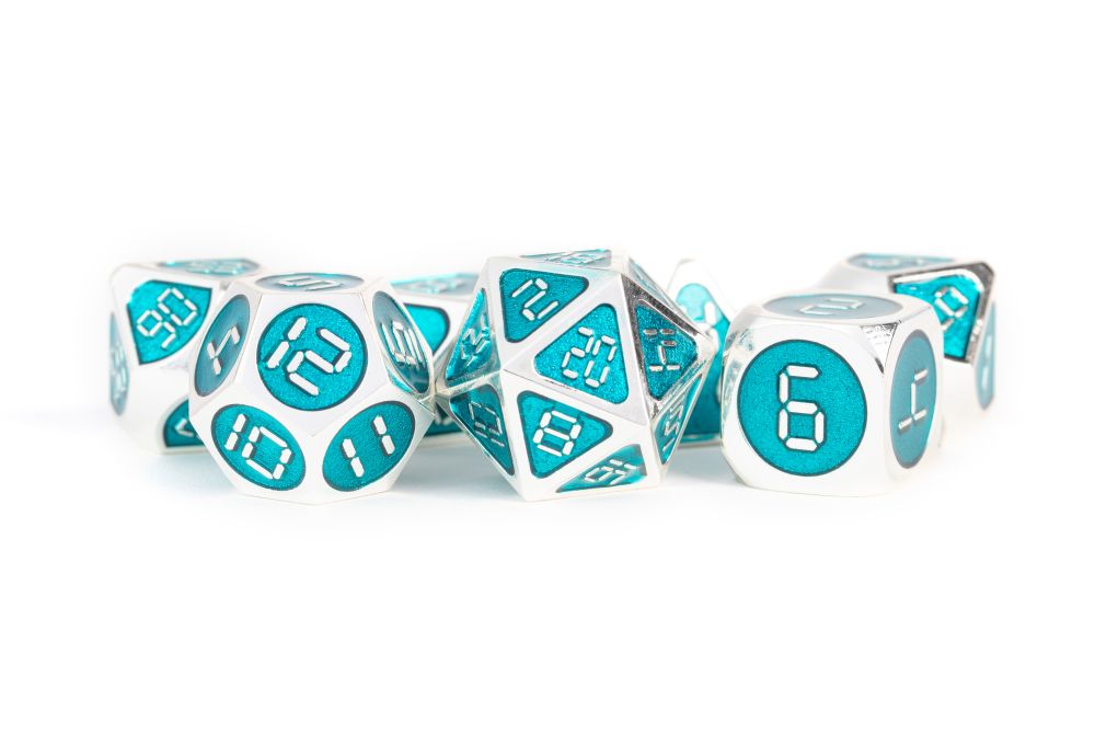 Fanroll: 16mm Metal Polyhedral Dice Set: Silver w/ Teal Enamel