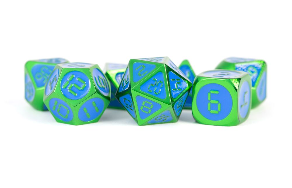 Fanroll: 16mm Metal Polyhedral Dice Set: Green w/ Blue Enamel