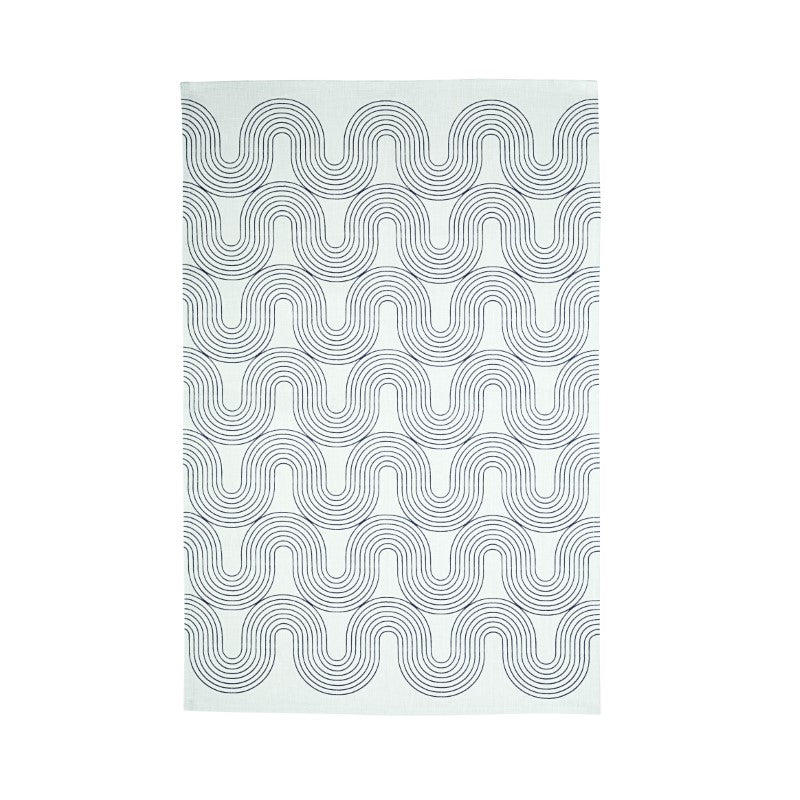 Cotton tea towel featuring geometric designs inspired by Northern Ireland's coastal geology, eco-friendly and stylish for modern kitchens.