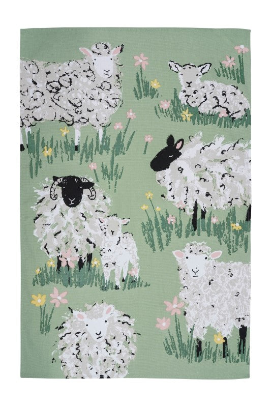 Ulster Weavers Cotton Tea Towel featuring charming hand-illustrated woolly sheep and lambs, crafted from recycled materials.