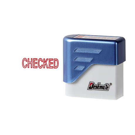 Deskmate Pre-Inked Office Stamp Checked Red, delivering 100,000 precise impressions for efficient document organization.