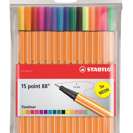 Stabilo Point 88 Fineliner set in neon wallet, includes 15 vibrant colors and durable tips for detailed artwork.