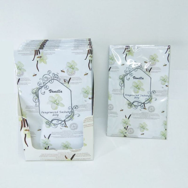 Fragrant vanilla sachets in a charming display, perfect for freshening spaces and adding elegance to decor.