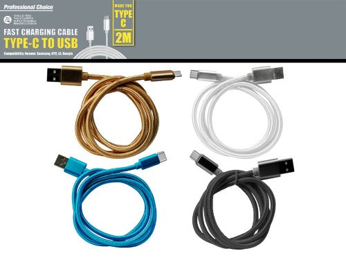 Charging Cable - TYPE C Braided 2m (Set of 24 Asstd)