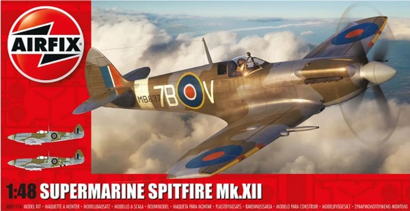 1/48 scale model kit of the Supermarine Spitfire Mk.XII with 98 precision pieces, featuring two scheme options.