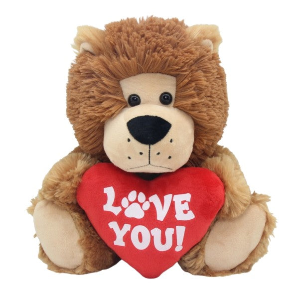Soft Plush Toy - Lovable Lion. Sitting Lion Holding Red Heart LOVE YOU.
