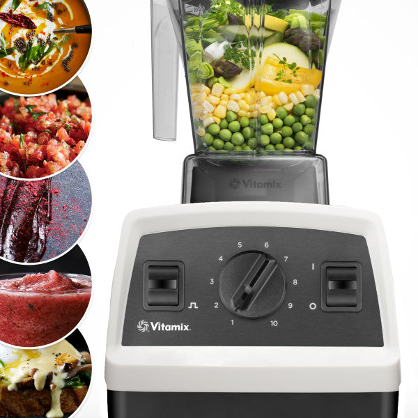 Vitamix E310 high-performance blender in white, featuring variable speeds, self-cleaning, and tough stainless steel blades.