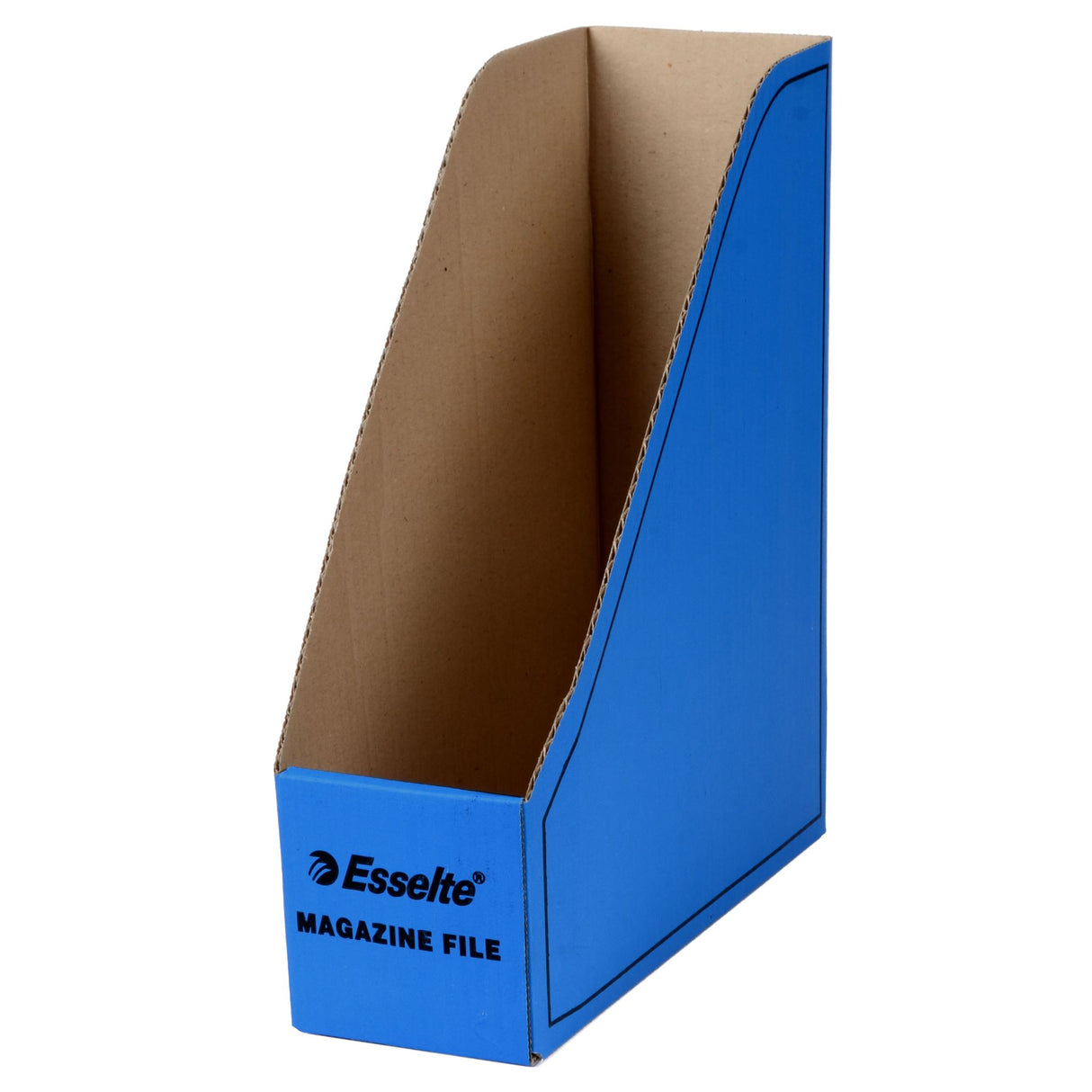 Esselte blue magazine file holder for organizing documents and magazines, measuring 10 x 26.5 x 33 cm.