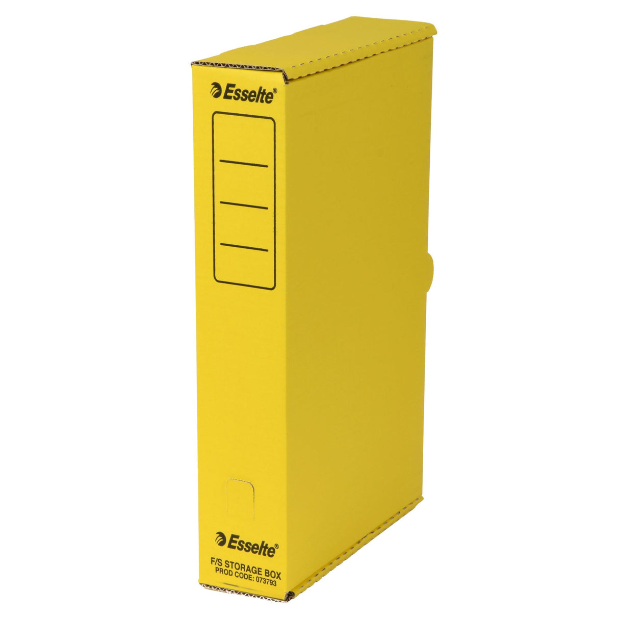 Bright yellow ESSELTE storage box for organizing A4 or foolscap papers with spine panel and thumb hole for easy access.