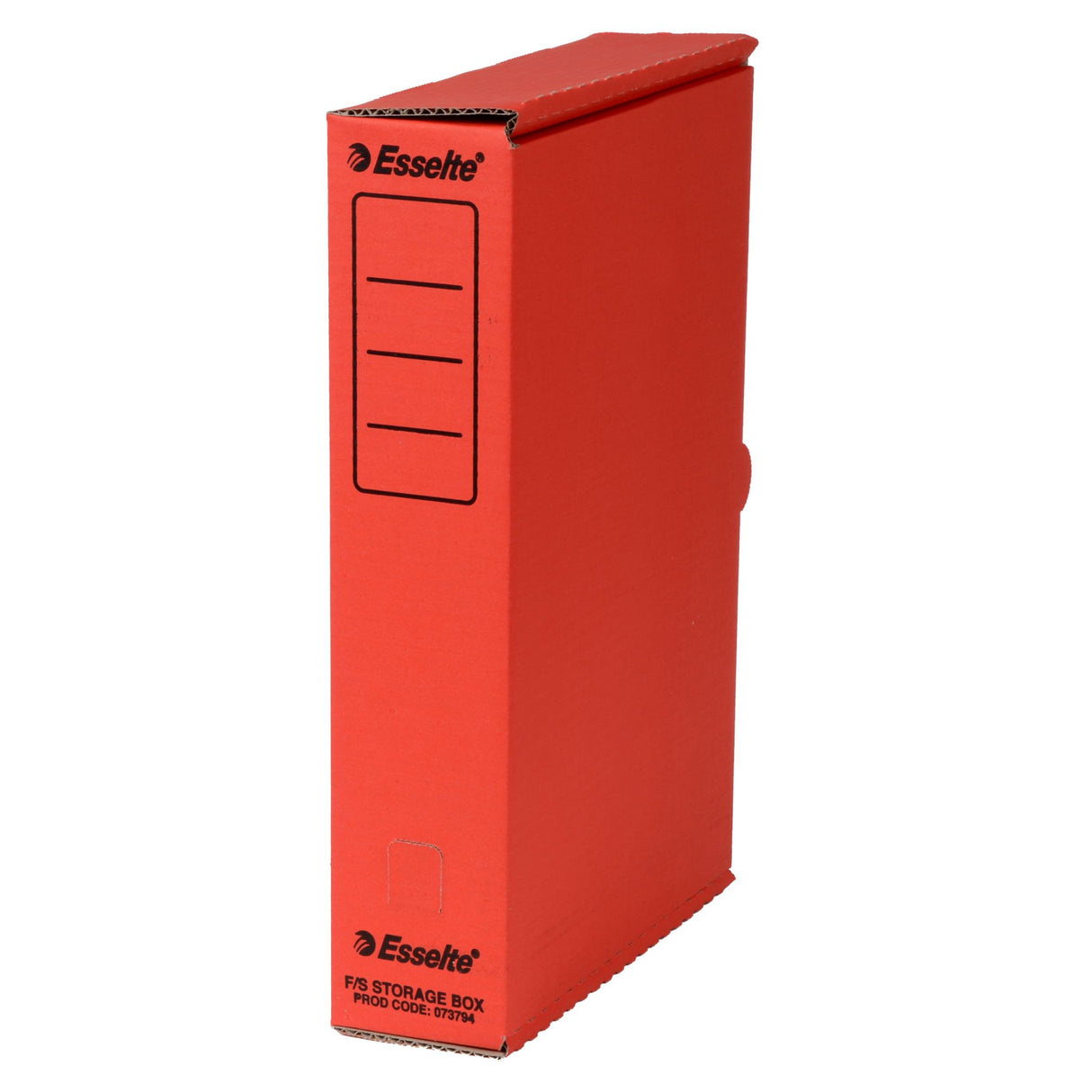 Red ESSELTE STORAGE BOX designed for A4 and foolscap paper, featuring a spine label and thumb hole for easy access.