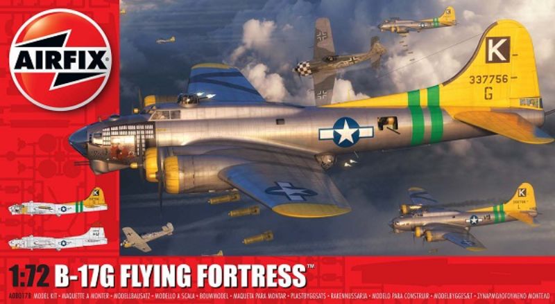 1/72 scale model kit of the Boeing B17G Flying Fortress, featuring 245 pieces and two livery options for authentic detailing.