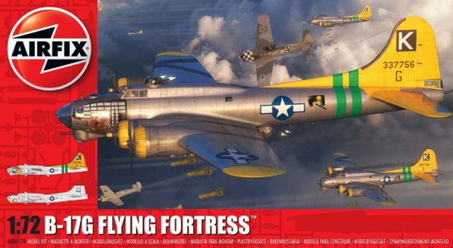 1/72 scale model kit of the Boeing B17G Flying Fortress, featuring 245 pieces and two livery options for authentic detailing.