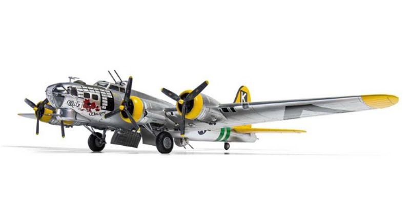 1/72 scale model of the Boeing B17G Flying Fortress, detailed with 245 plastic pieces and two livery options, ideal for collectors.