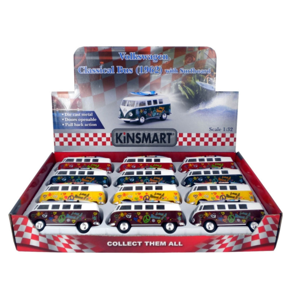 VW Combi Van 1962 With Surfboard Car Display - 12pcs