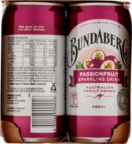 Bundaberg Passionfruit Sparkling Drink Mini Cans 6 x 200ml