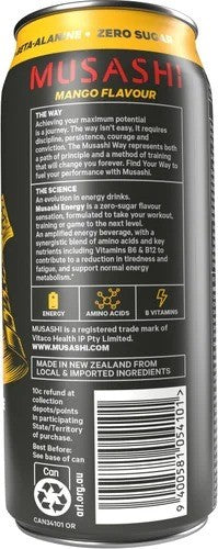 Musashi Zero Sugar Mango Flavour Energy Drink 12 x 500ml