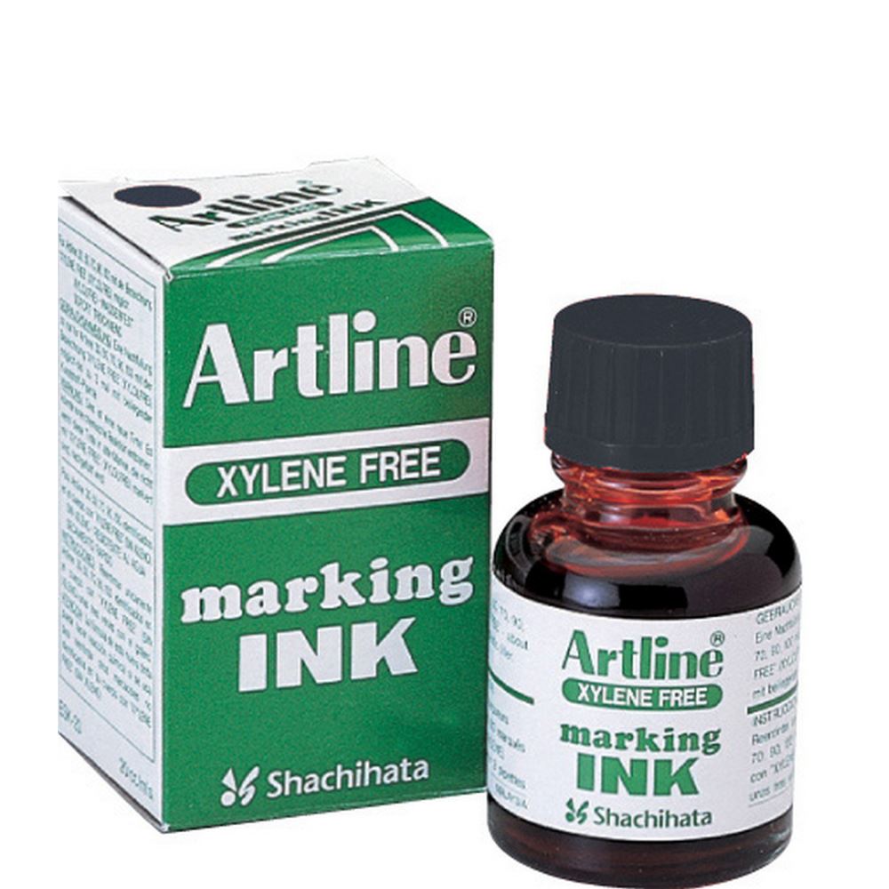 Artline Esk-20 black refill ink bottle with eye dropper, ideal for revitalizing permanent markers for art and labeling.