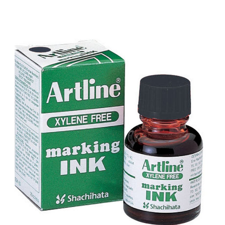 Artline Esk-20 black refill ink bottle with eye dropper, ideal for revitalizing permanent markers for art and labeling.