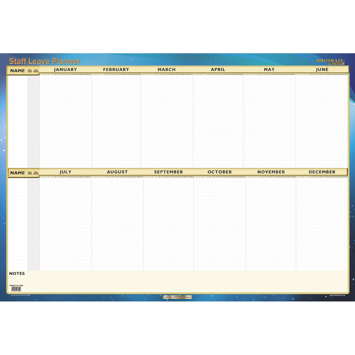 Writeraze Wallplanner Staff Leave Planner 700x1000mm Laminated