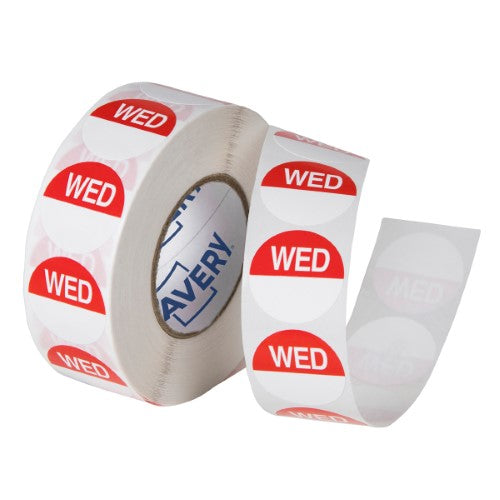 Avery Labels Wednesday Round Day 24mm Red White 1000 Roll