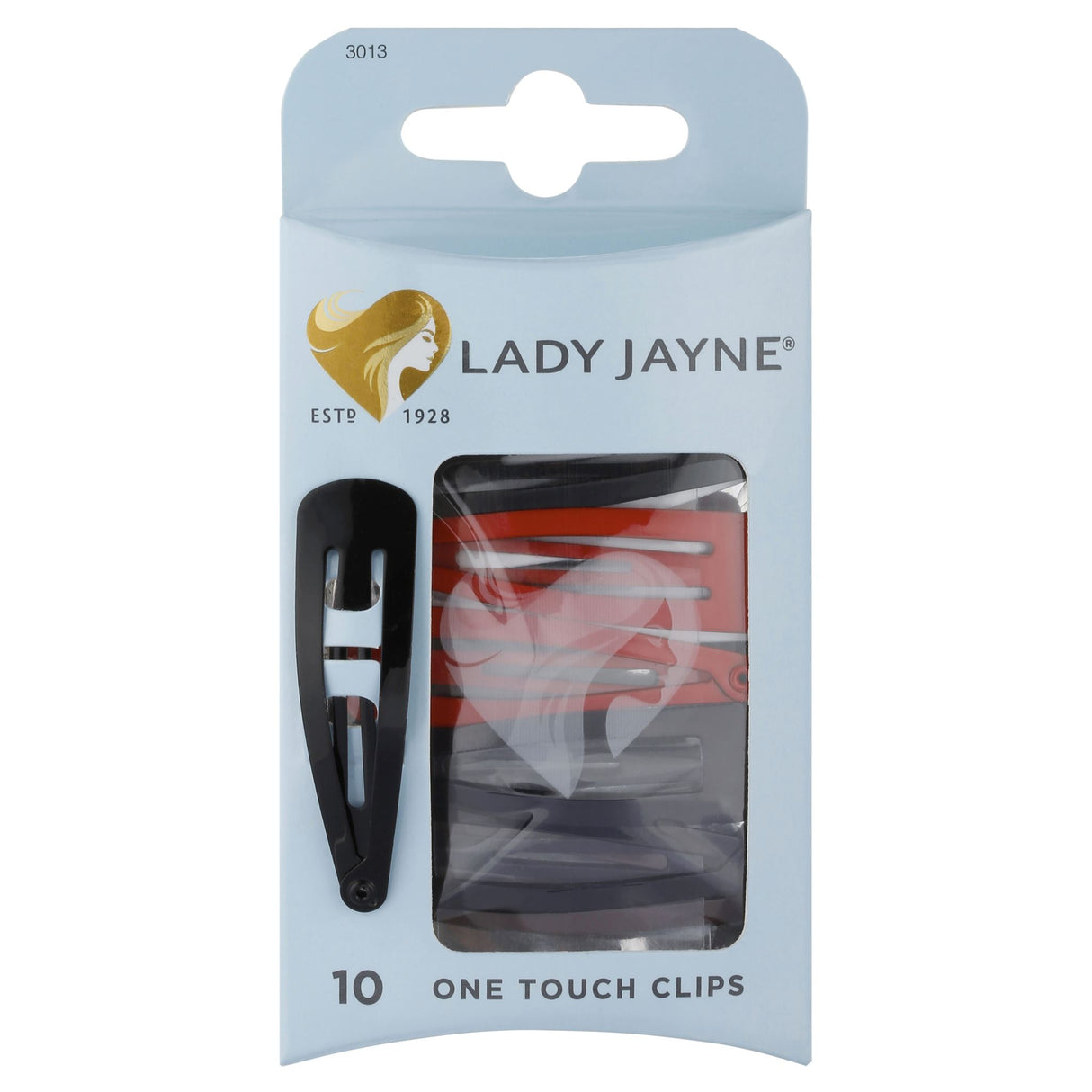 Lady Jayne One Touch Clips 10 pack in vibrant colors, featuring rust-resistant metal and snap-tight grip for secure hair styling.