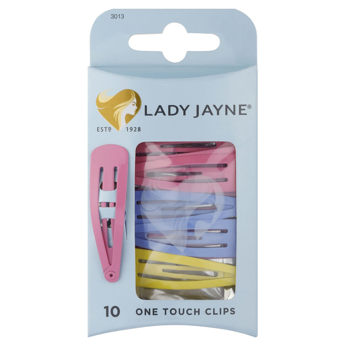 Lady Jayne One Touch Clips 10-pack: durable, rust-resistant clips with snap-tight hold in vibrant school and pastel colors.