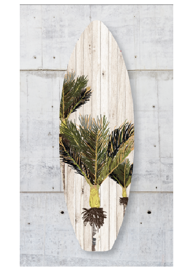 Nikau surfboard art on eco-friendly ply wood, perfect for coastal decor and easy to hang.