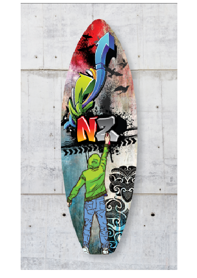Surfboard wall art featuring vibrant graffiti design, crafted from eco-friendly pine wood, perfect for coastal decor.