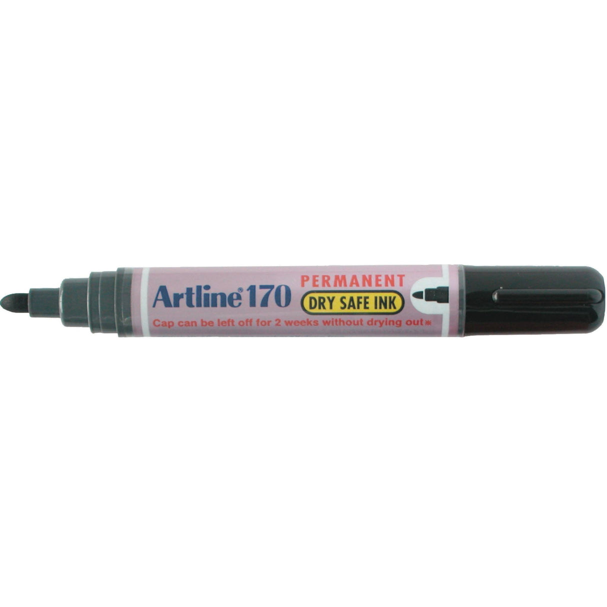 Artline 170 Permanent Marker pack of 12, featuring a 2mm bullet nib, black, with dry safe, low odour, and permanent ink.