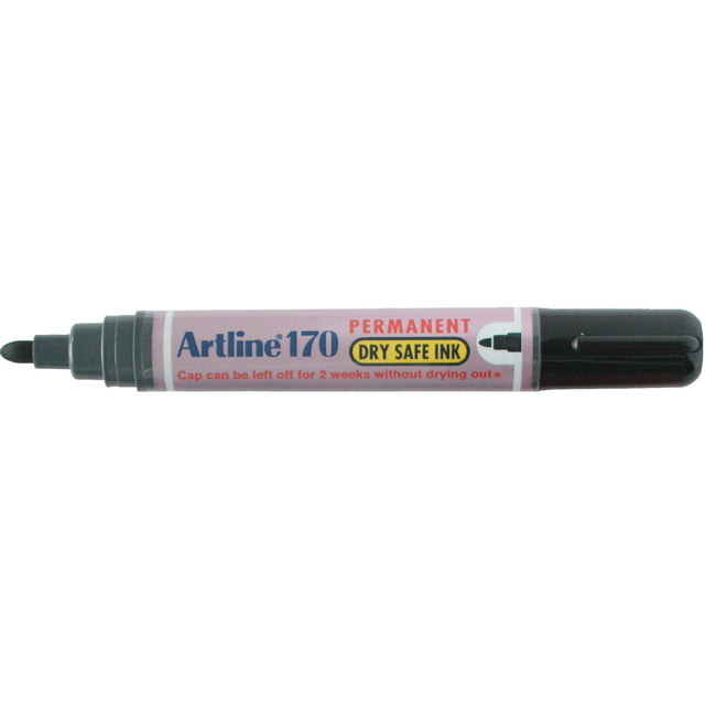 Artline 170 Permanent Marker pack of 12, featuring a 2mm bullet nib, black, with dry safe, low odour, and permanent ink.