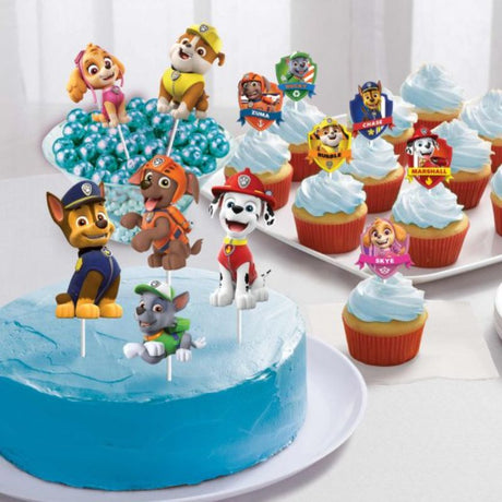Paw Patrol Adventures cake topper kit with 12 cardboard decorations in large and small sizes