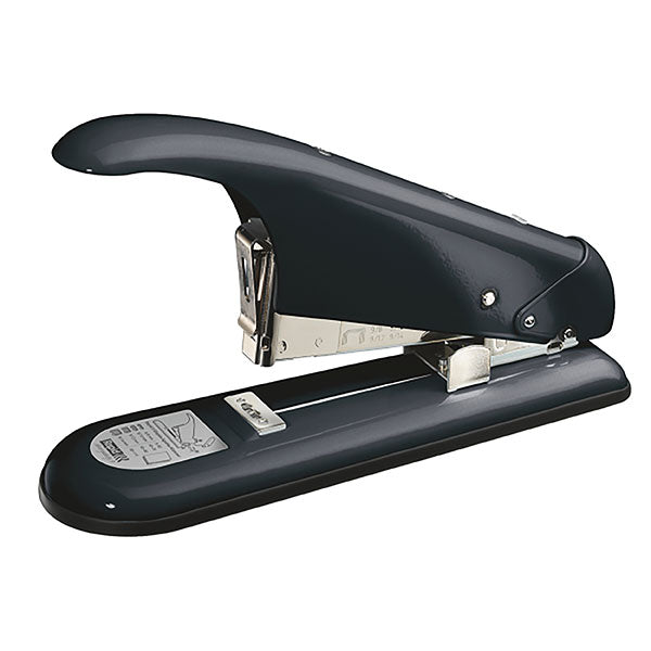 Durable black retro stapler that staples up to 110 sheets, featuring a classic design and easy rear-loading functionality.
