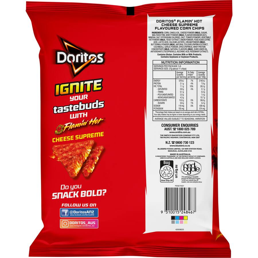 Doritos Flaming Hot Corn Chips Cheese Supreme - 150g