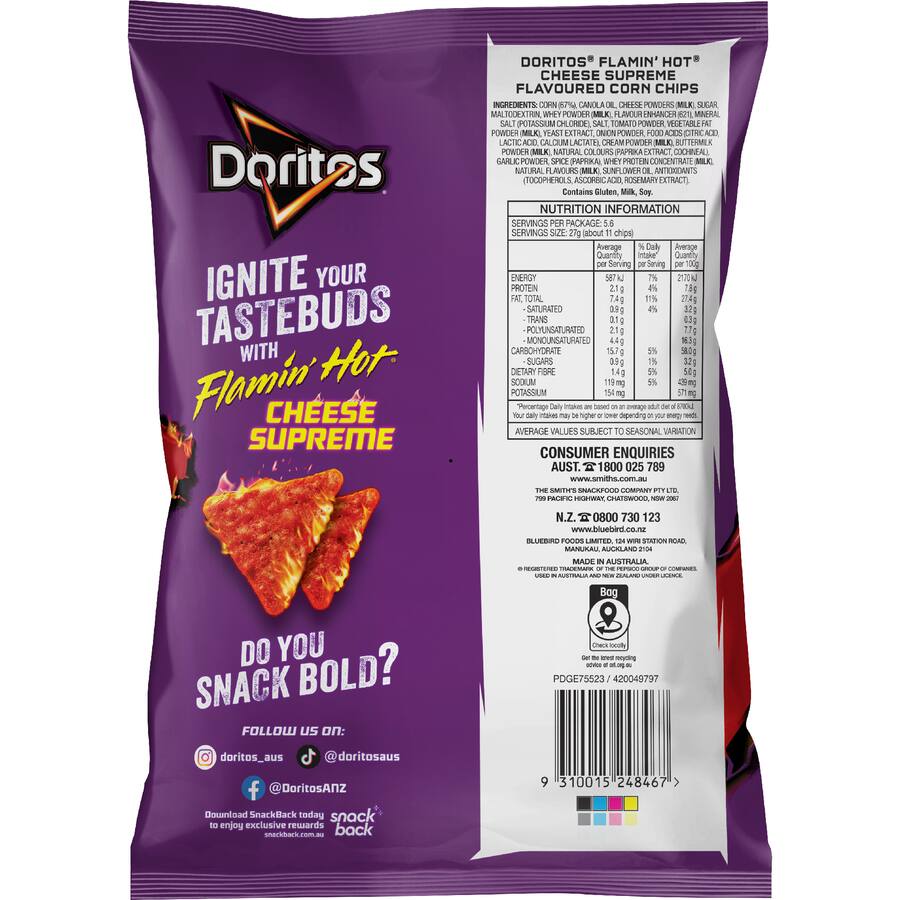 Doritos Flaming Hot Corn Chips Cheese Supreme - 150g