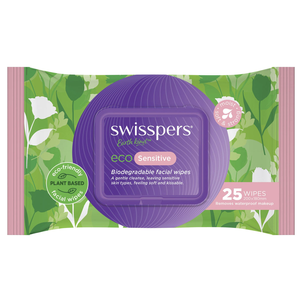 Eco-friendly Swisspers biodegradable facial wipes for sensitive skin, 25 pack made of natural cotton and plant fibers.