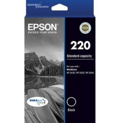 EPSON DURABrite Ultra 220 black ink cartridge delivers fast-drying, high-quality prints with vibrant durability for home and office use.